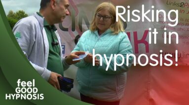 Talking about risky hypnosis as hypnotized lady forgets something in the street hypnosis skit